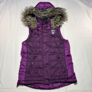 American Eagle Purple Puffer Vest Women Small Hooded Faux Fur Trim Quilted Zip